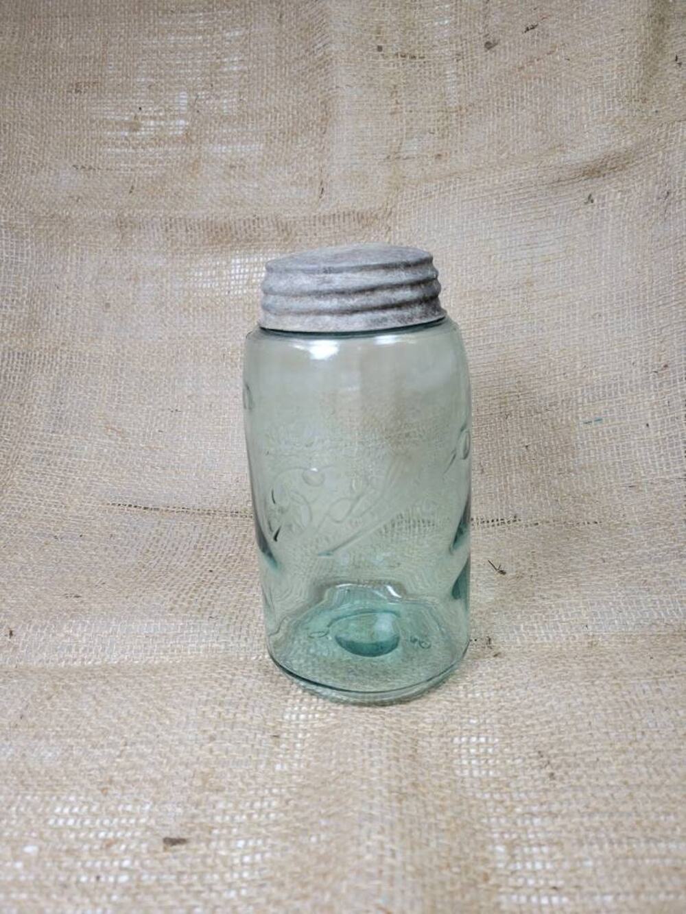 Antique Ball Jar Blue Quart 3 Loop Triple L Logo Slope Shoulder Zinc Lid 1900